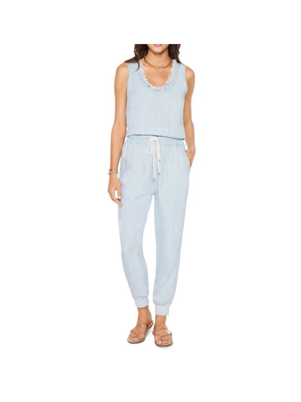 Ramy Brook Ray Jumpsuit Light Blue Chambray Sleeveless Drawstring Jumpsuit Large